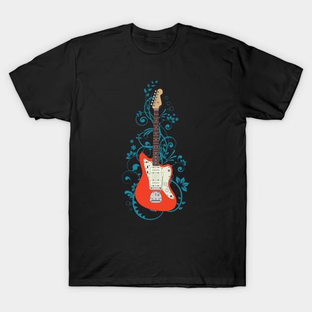 Red Offset Style Electric Guitar Flowering Vines T-Shirt by nightsworthy